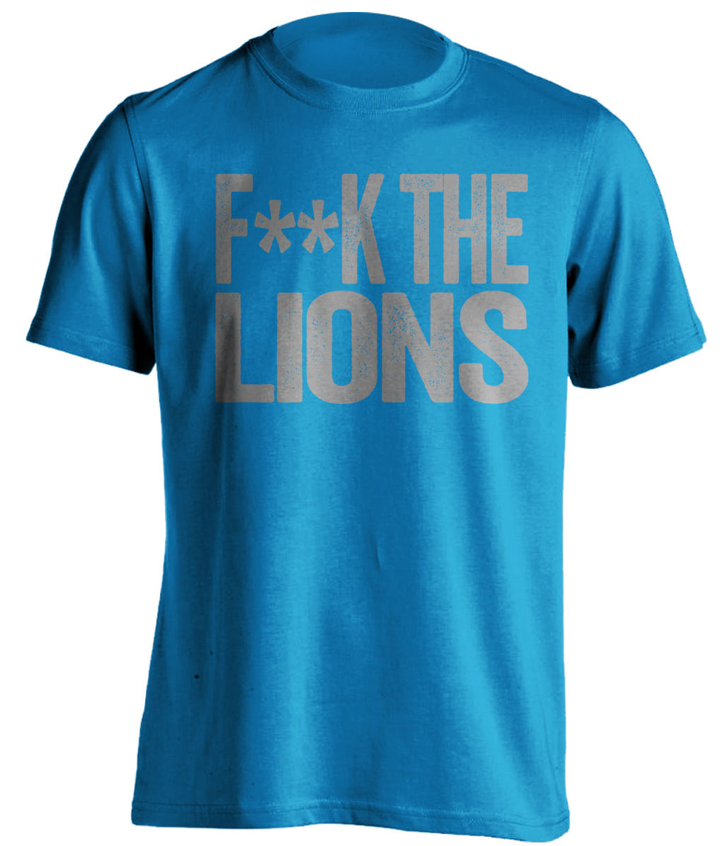 fuck the lions censored grey text on sapphire blue shirt