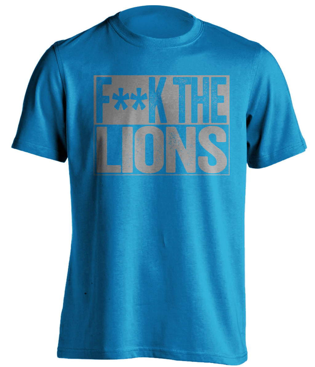 fuck the lions censored grey boxed text on sapphire blue shirt