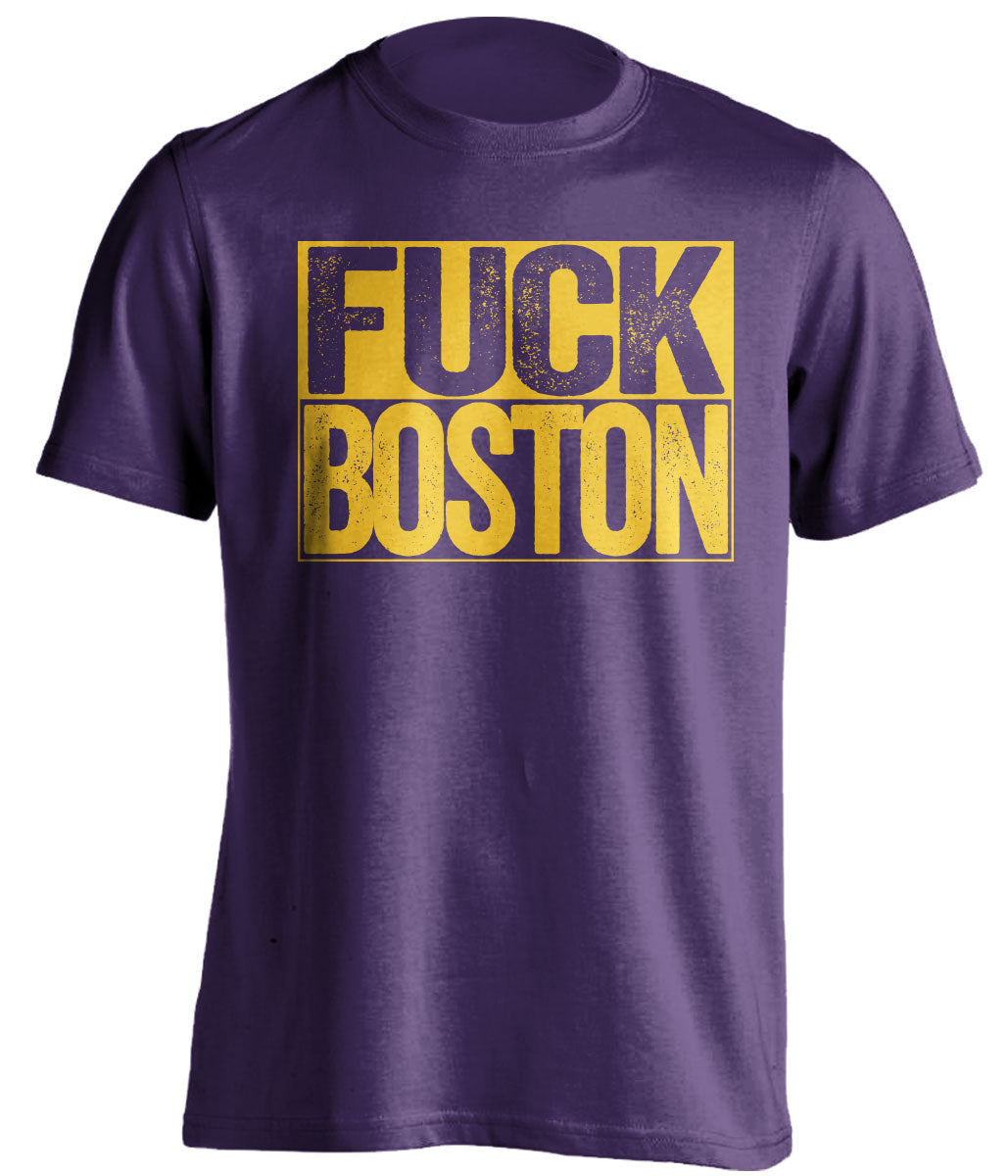 Uncensored Purple Fuck Boston box logo shirt for Los Angeles Lakers fans | LA rivalry tee by Beef Shirts