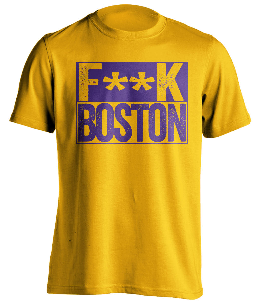 Censored Gold Fuck Boston box logo shirt for Los Angeles Lakers fans | LA rivalry tee by Beef Shirts