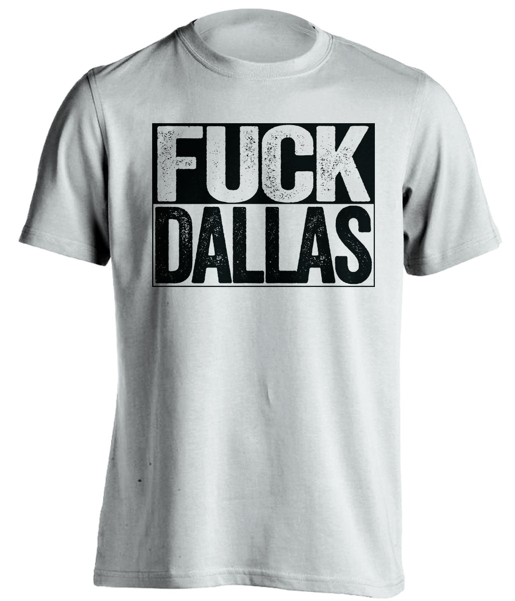 Uncensored White Fuck Dallas box logo shirt for San Antonio Spurs fans | I-35 rivalry tee by Beef Shirts