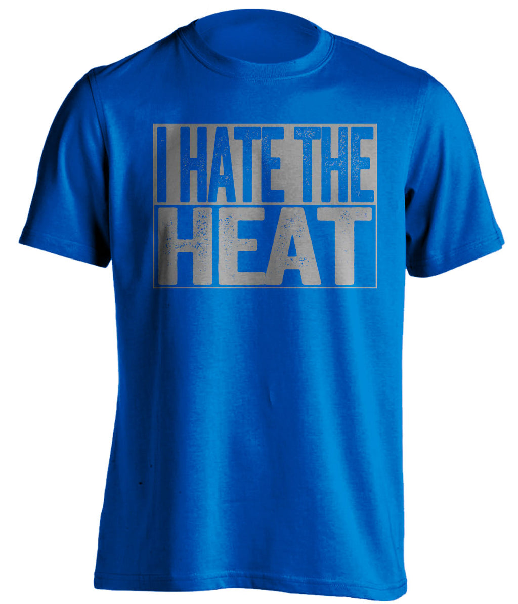 I Hate the Heat blue box logo shirt for Dallas Mavericks fans gameday haters tee by Beef Shirts
