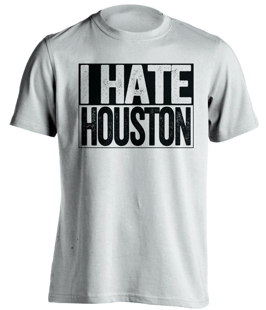 White I Hate Houston box logo tee for San Antonio Spurs fans | gameday haters shirt by Beef Shirts