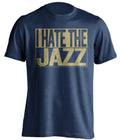 I Hate the Jazz navy box logo shirt for New Orleans Pelicans fans gameday haters tee by Beef Shirts