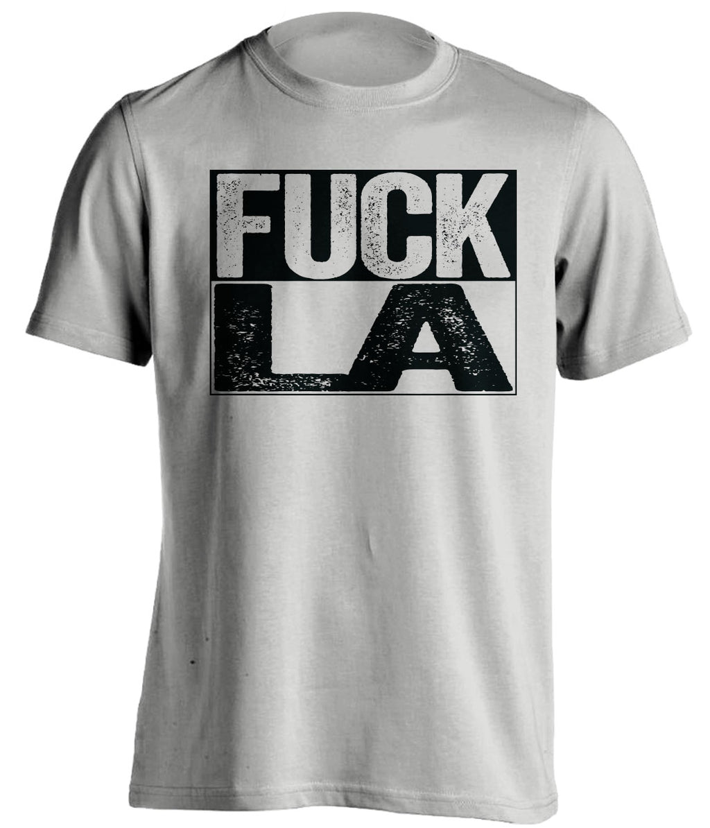 Uncensored Light Grey Fuck LA box logo shirt for San Antonio Spurs fans | Alamo City rivalry tee by Beef Shirts