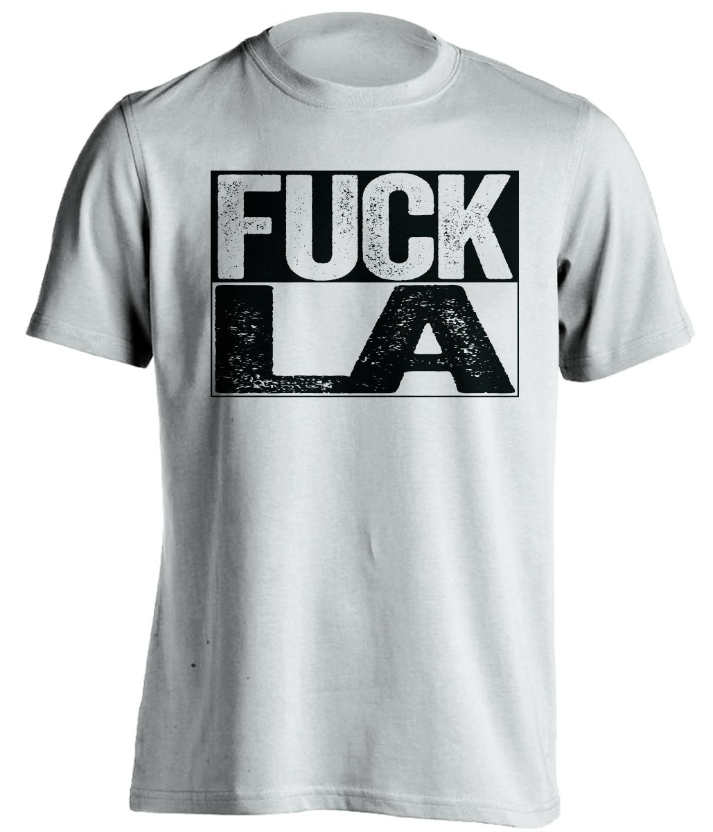 Uncensored White Fuck LA box logo shirt for San Antonio Spurs fans | Alamo City rivalry tee by Beef Shirts
