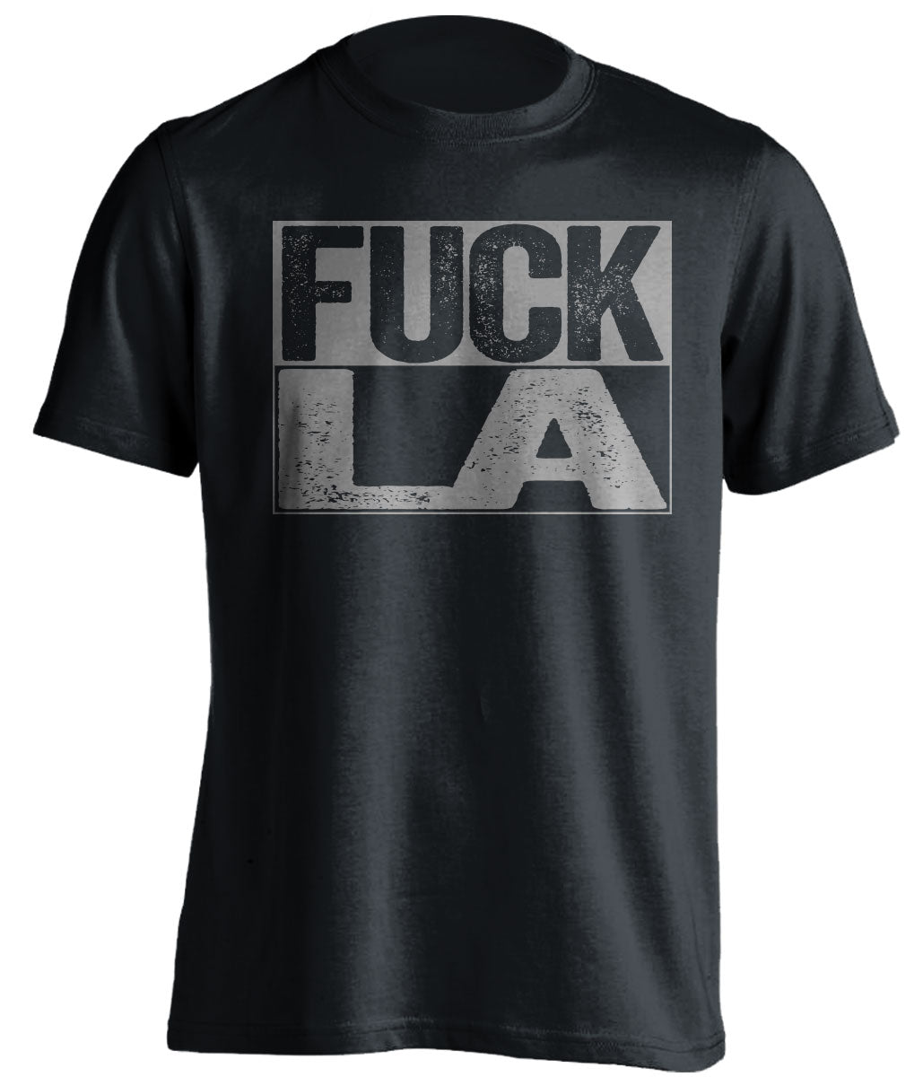 Uncensored Black Fuck LA box logo shirt for San Antonio Spurs fans | Alamo City rivalry tee by Beef Shirts