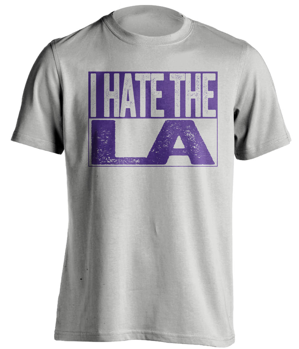 Grey I Hate LA box logo tee for Sacramento Kings fans | gameday haters shirt by Beef Shirts