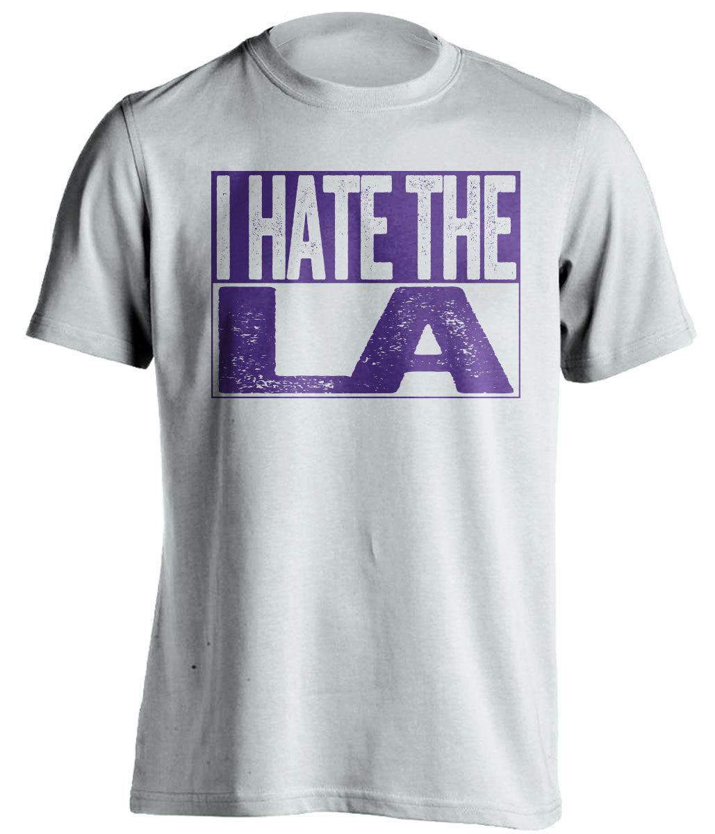 White I Hate LA box logo tee for Sacramento Kings fans | gameday haters shirt by Beef Shirts