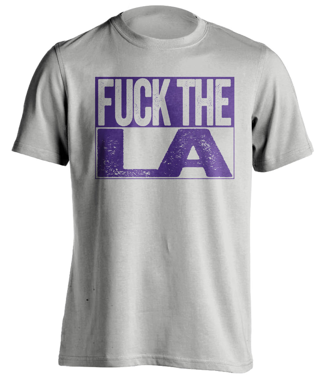 Uncensored Grey Fuck LA box logo shirt for Sacramento Kings fans | Sactown rivalry tee by Beef Shirts