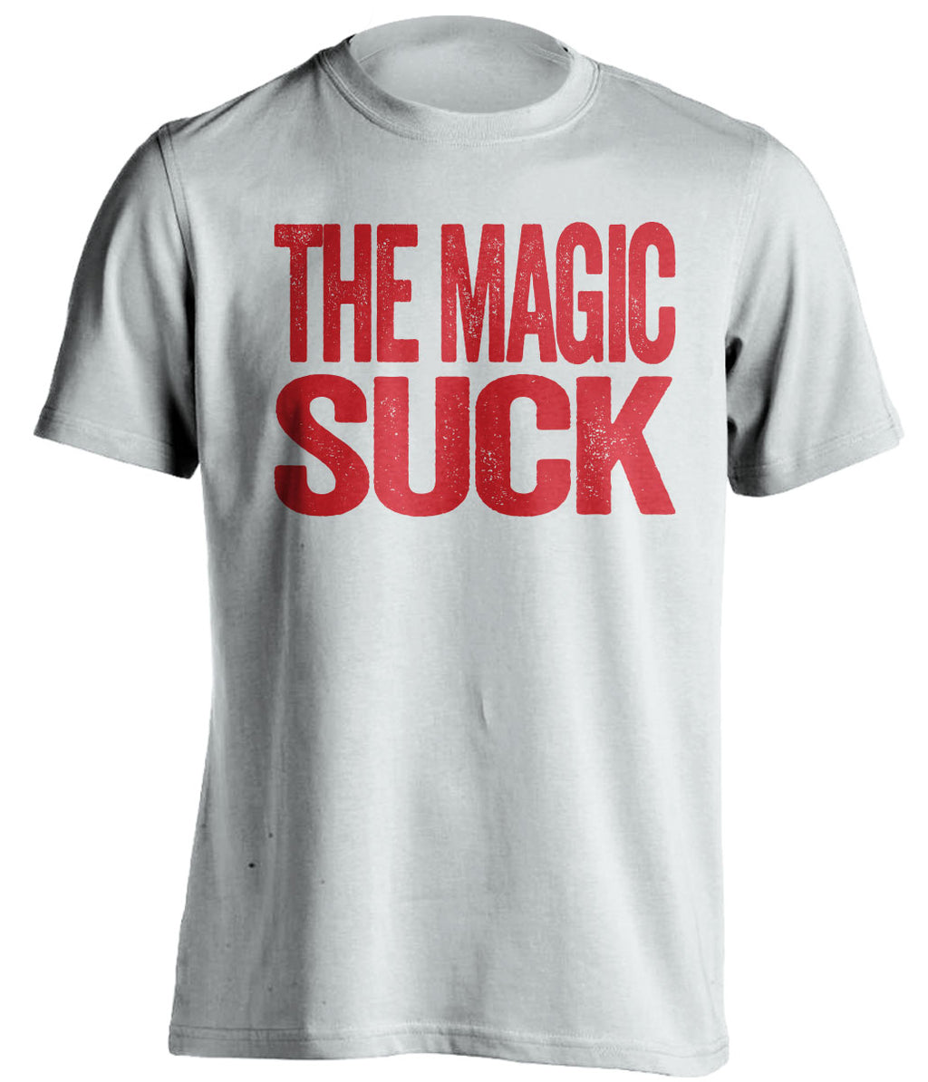 The Magic Suck white statement shirt for Miami Heat Fans haters gameday tee by Beef Shirts
