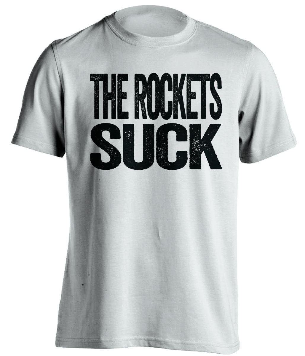 The Rockets Suck white statement shirt for San Antonio Spurs fans rivalry tee by Beef Shirts