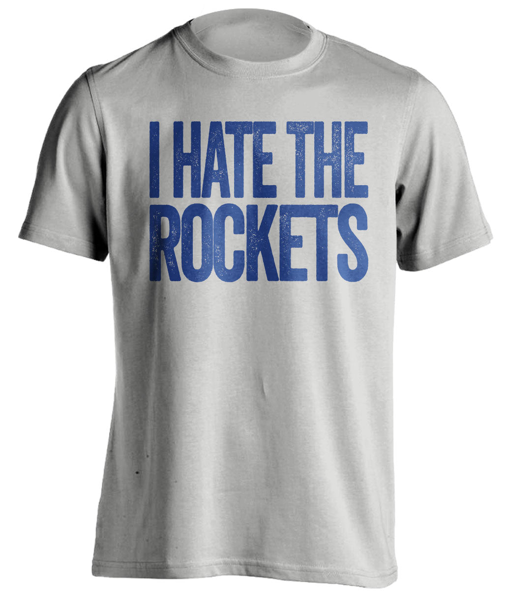 I Hate the Rockets grey statement shirt for Dallas Mavericks fans gameday haters tee by Beef Shirts