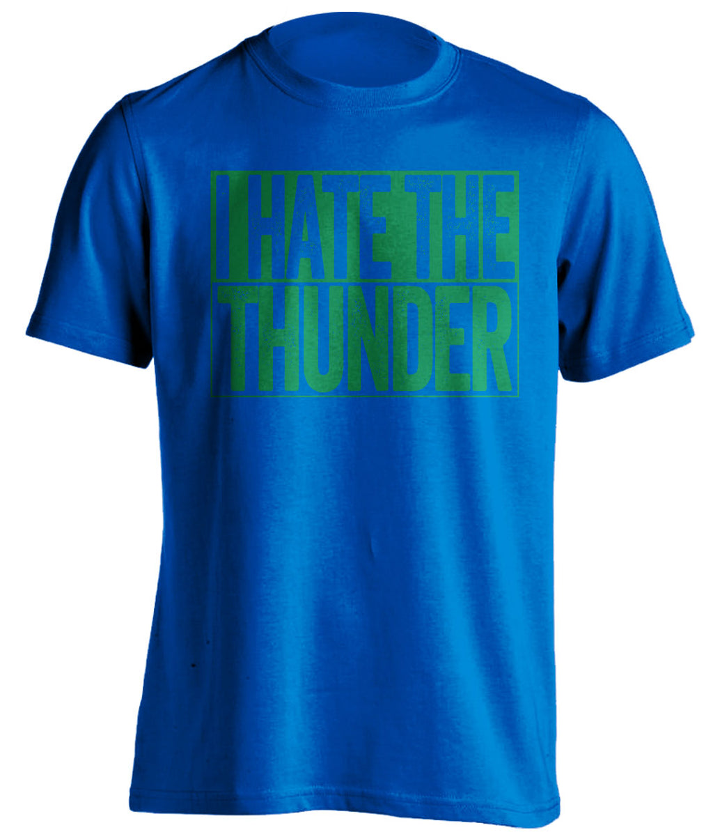 I Hate the Thunder blue box logo shirt for Minnesota Timberwolves fans gameday haters tee by Beef Shirts