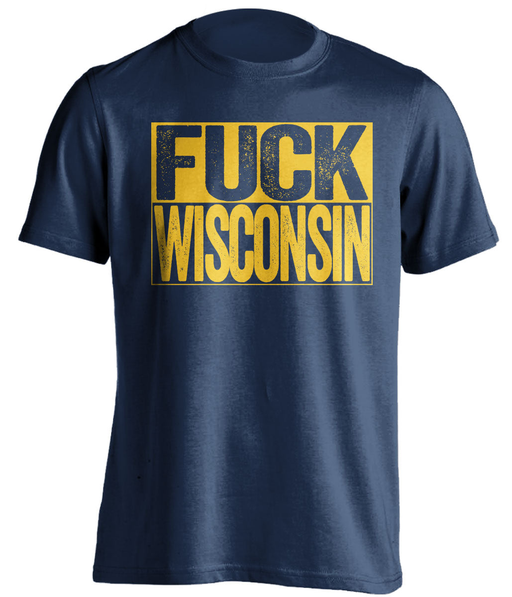 Uncensored Navy Fuck Wisconsin box logo shirt for Michigan Wolverines fans | Michigan rivalry tee by Beef Shirts