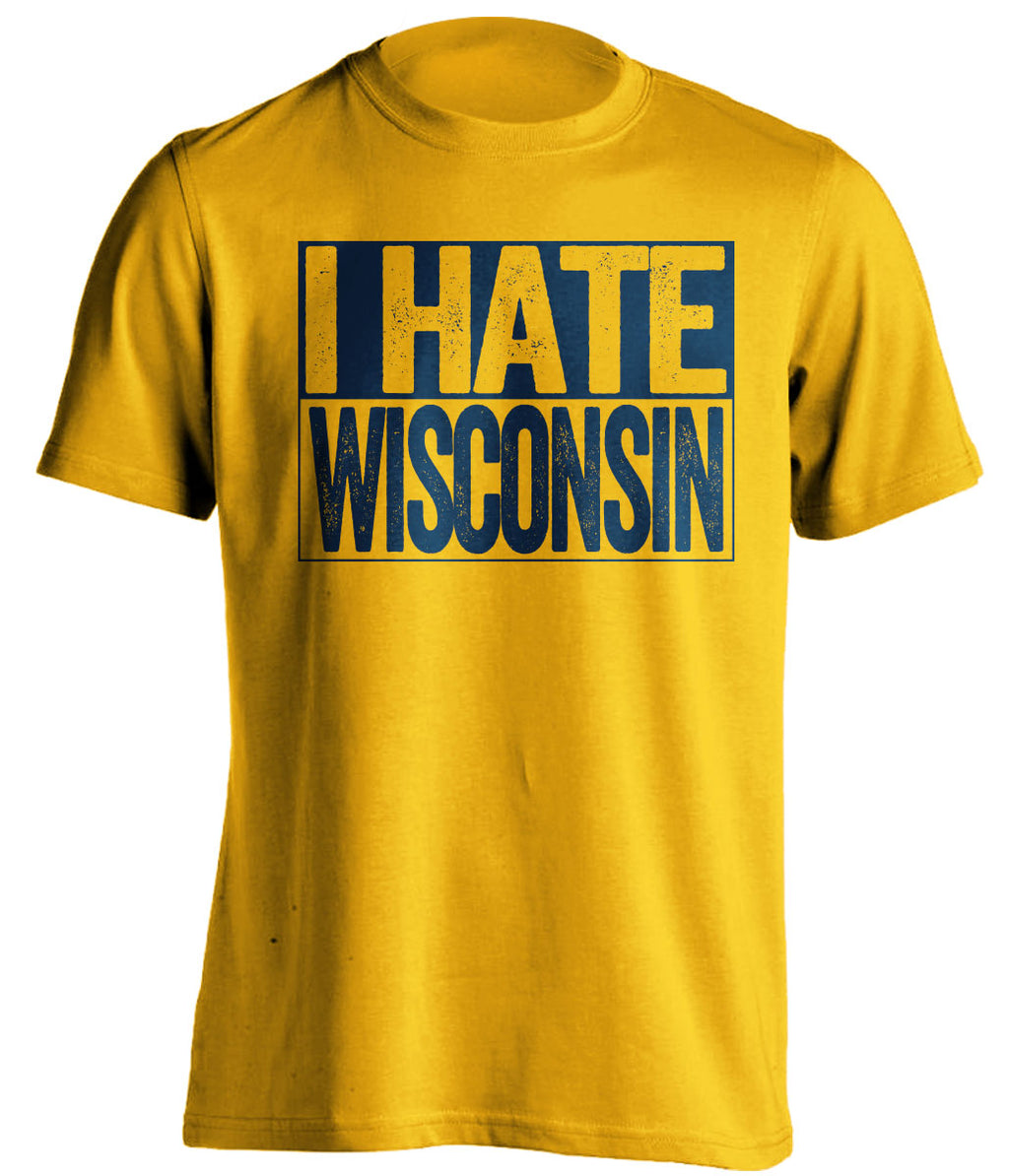 Gold I Hate Wisconsin box logo tee for Michigan Wolverines fans | gameday haters shirt by Beef Shirts