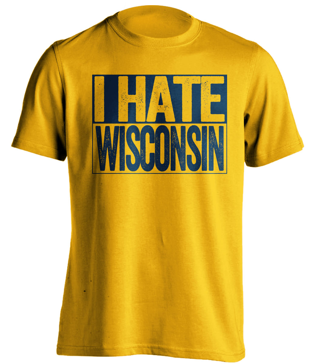 Gold I Hate Wisconsin box logo tee for Michigan Wolverines fans | gameday haters shirt by Beef Shirts
