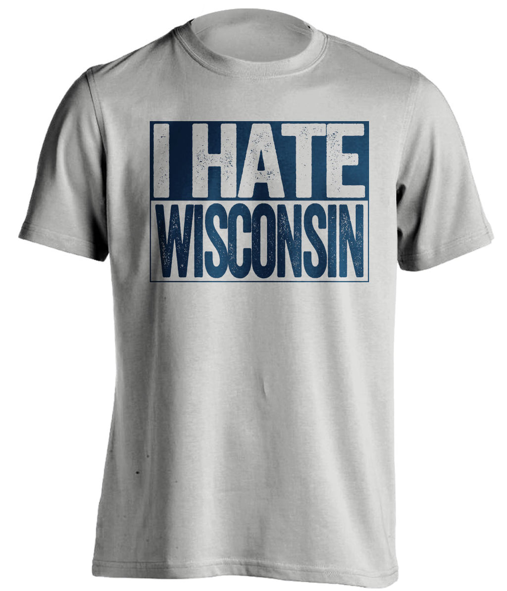 Grey I Hate Wisconsin box logo tee for Michigan Wolverines fans | gameday haters shirt by Beef Shirts