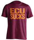 Maroon t-shirt with 'ECU SUCKS' text in orange on a white background for virginia tech hokies fans