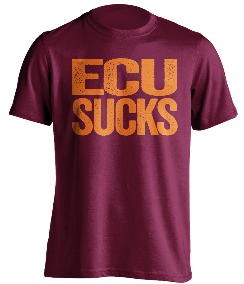 Maroon t-shirt with 'ECU SUCKS' text in orange on a white background for virginia tech hokies fans