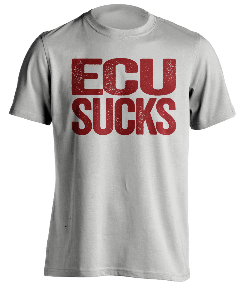 grey t-shirt with 'ECU SUCKS' text in maroon on a white background for virginia tech hokies fans