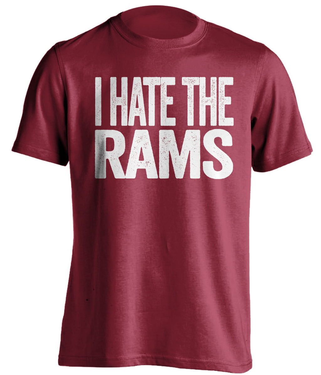 I Hate the Rams bold text red shirt for Arizona Cardinals fans - anti-Los Angeles Rams NFL rivalry tee