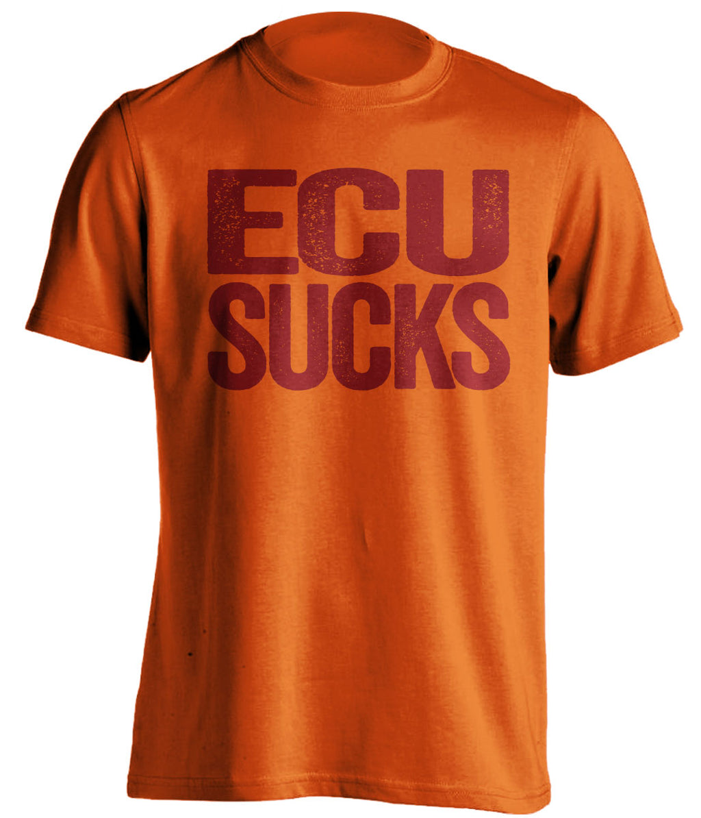 orange t-shirt with 'ECU SUCKS' text in maroon on a white background for virginia tech hokies fans