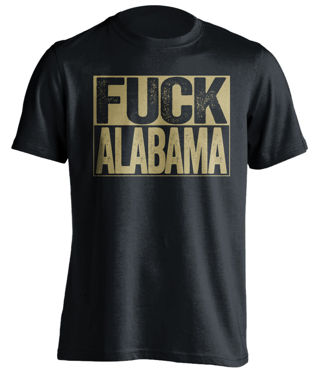 black shirt with fuck alabama in old gold text for vanderbilt commodore rivalry fans