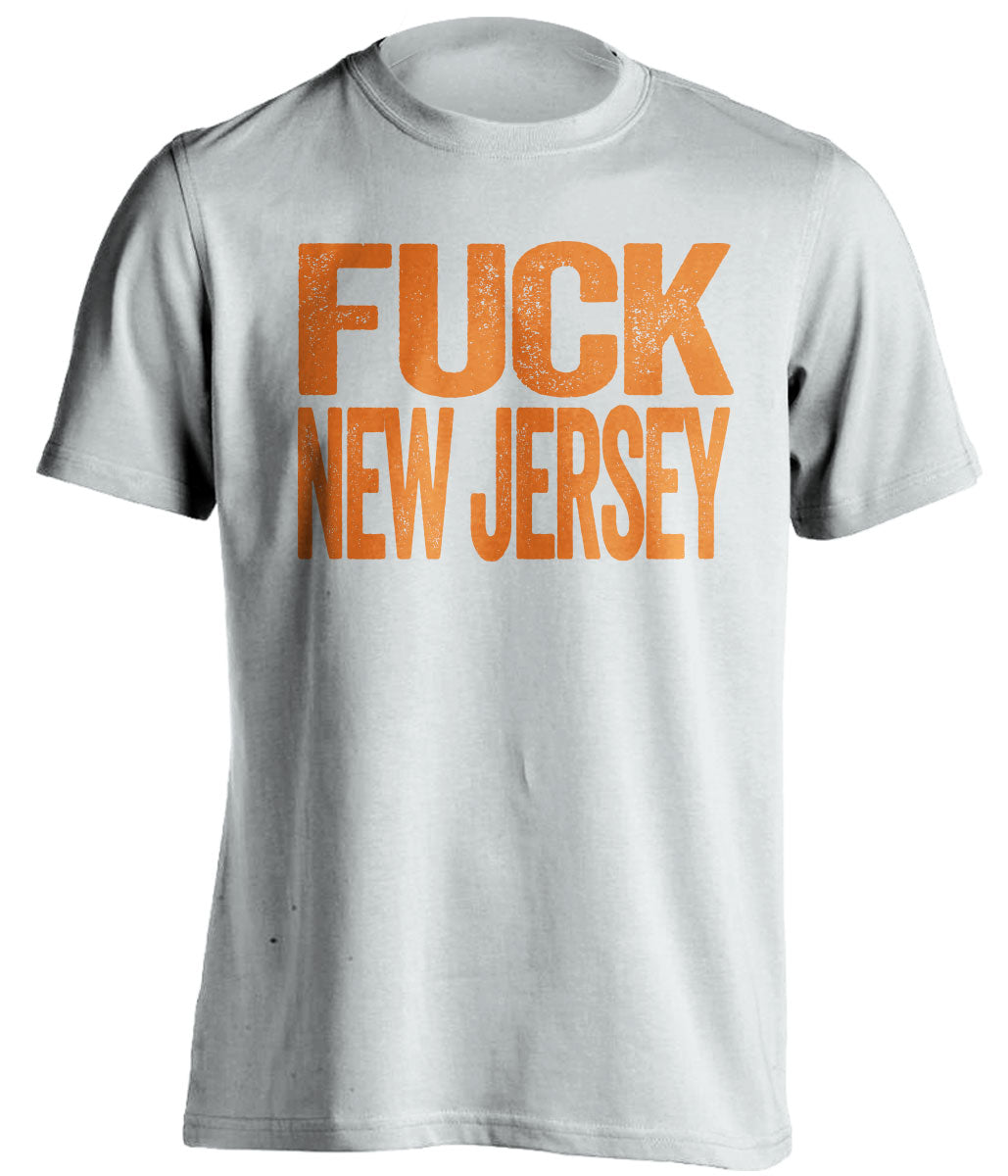 uncensored white shirt that says fuck new jersey designed for a philadelphia flyers fan