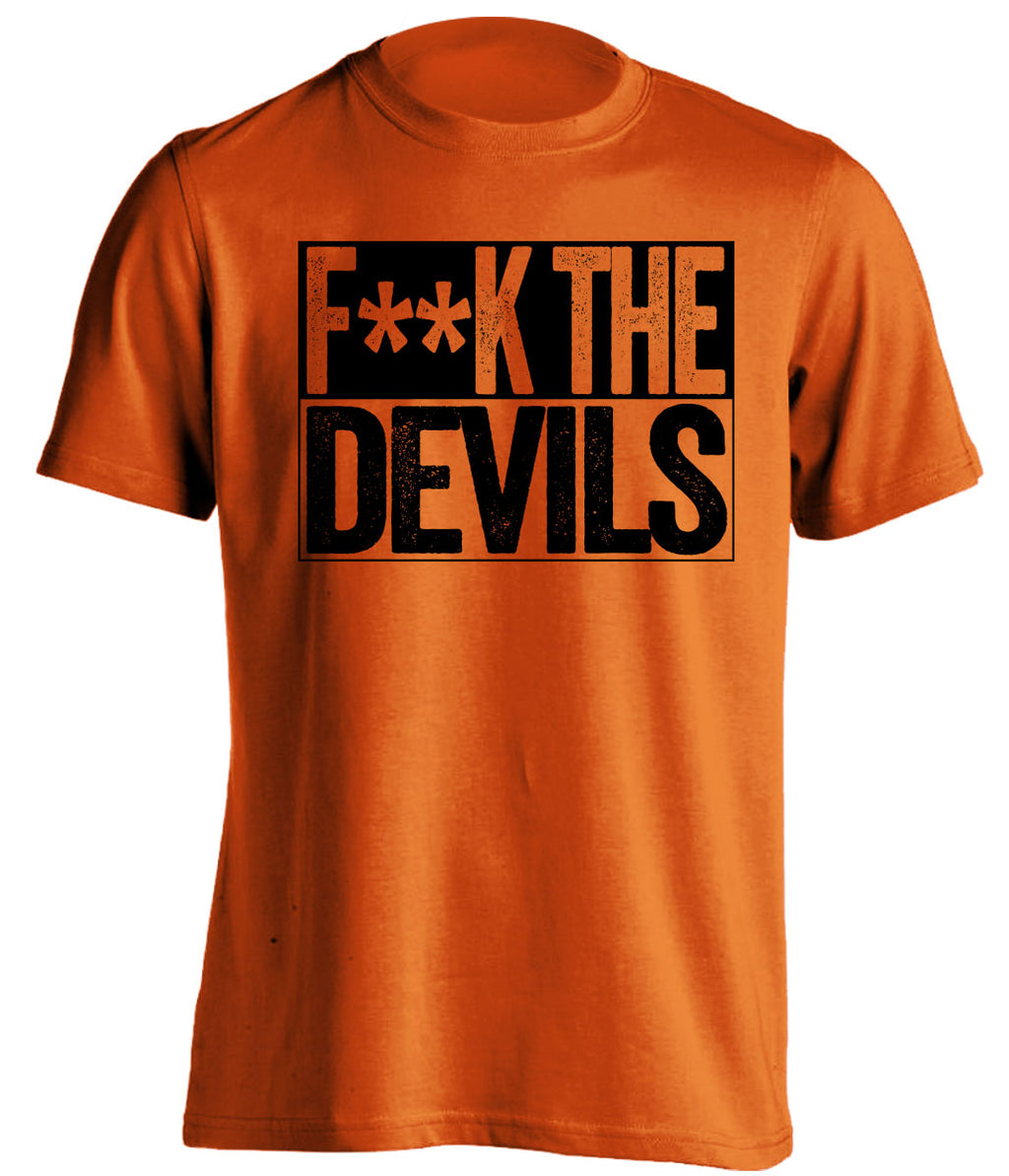 fuck the devils graphic tee philadelphia flyers fan orange shirt censored text