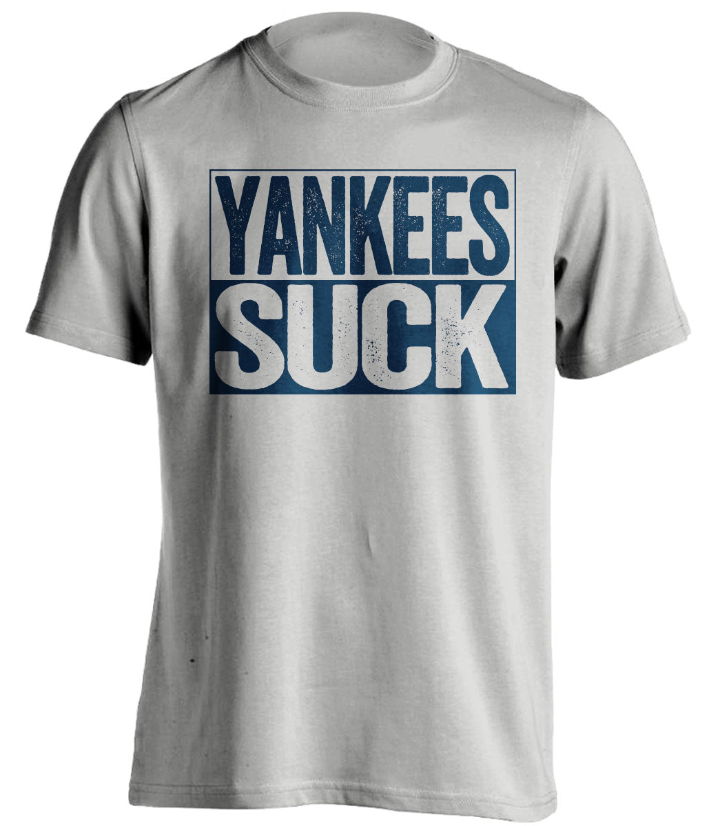 the yankees suck tshirt grey shirt and blue text