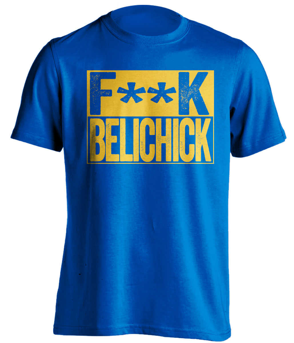 fuck belichick blue and gold tshirt censored