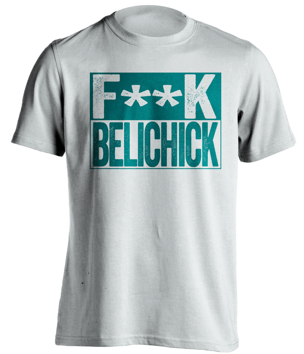 fuck belichick white and teal tshirt censored
