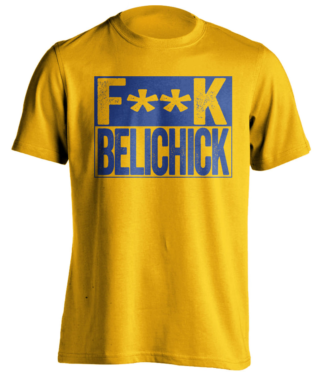 fuck belichick gold and blue tshirt censored