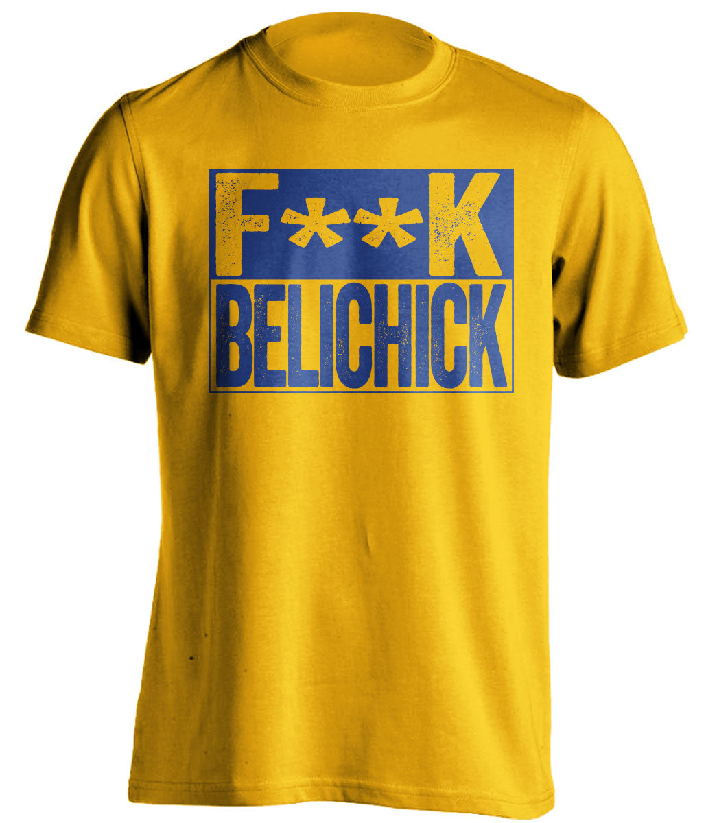 fuck belichick gold and blue tshirt censored