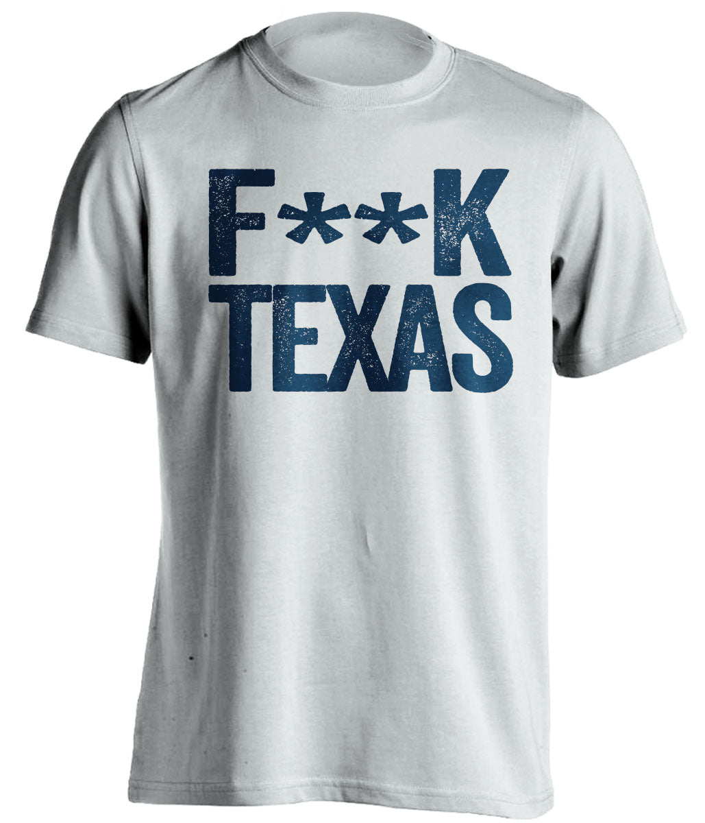 fuck texas wvu fan white and navy shirt censored